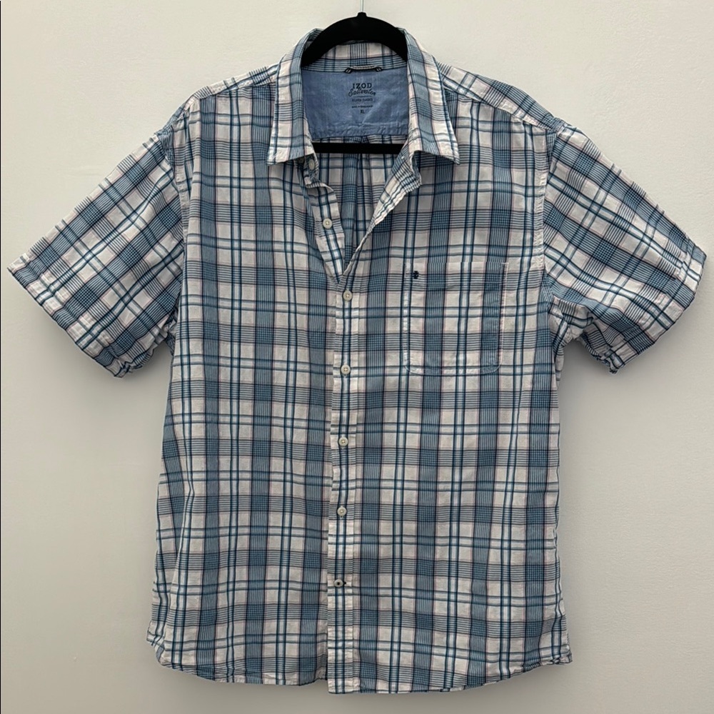IZOD Saltwater Relaxed Classics Men's Casual Blue and White Plaid Shirt